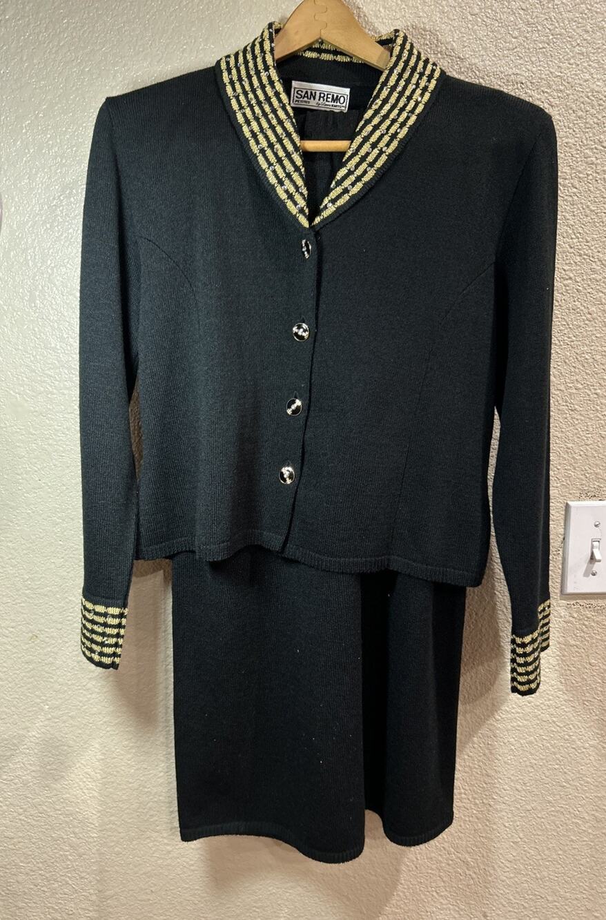 Vintage San Remo By Laura Knits Black Sparkled 2 Piece Shirt Set Size Petite